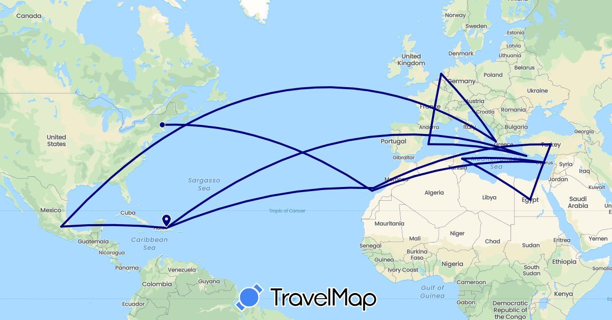 TravelMap itinerary: driving in Cyprus, Dominican Republic, Egypt, Spain, United Kingdom, Greece, Mexico, Netherlands, Tunisia, Turkey (Africa, Asia, Europe, North America)